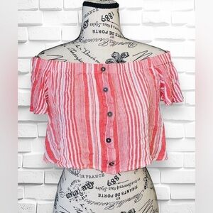 Favlux Size Medium Women’s Off-Shoulder Cropped Top • Pink & White Stripes • GUC